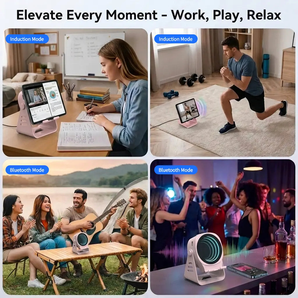 Ceesooi Wireless Induction Audio Speaker Stand, Bluetooth Speaker 5 in 1 Cellphone Holder, 500Mah Rechargeable Emergency Power Bank,360° Adjustable Mobile Tablet Stand with Colorful Ambient Light Gifts for Men Women Mothersdaygift Bluetooth