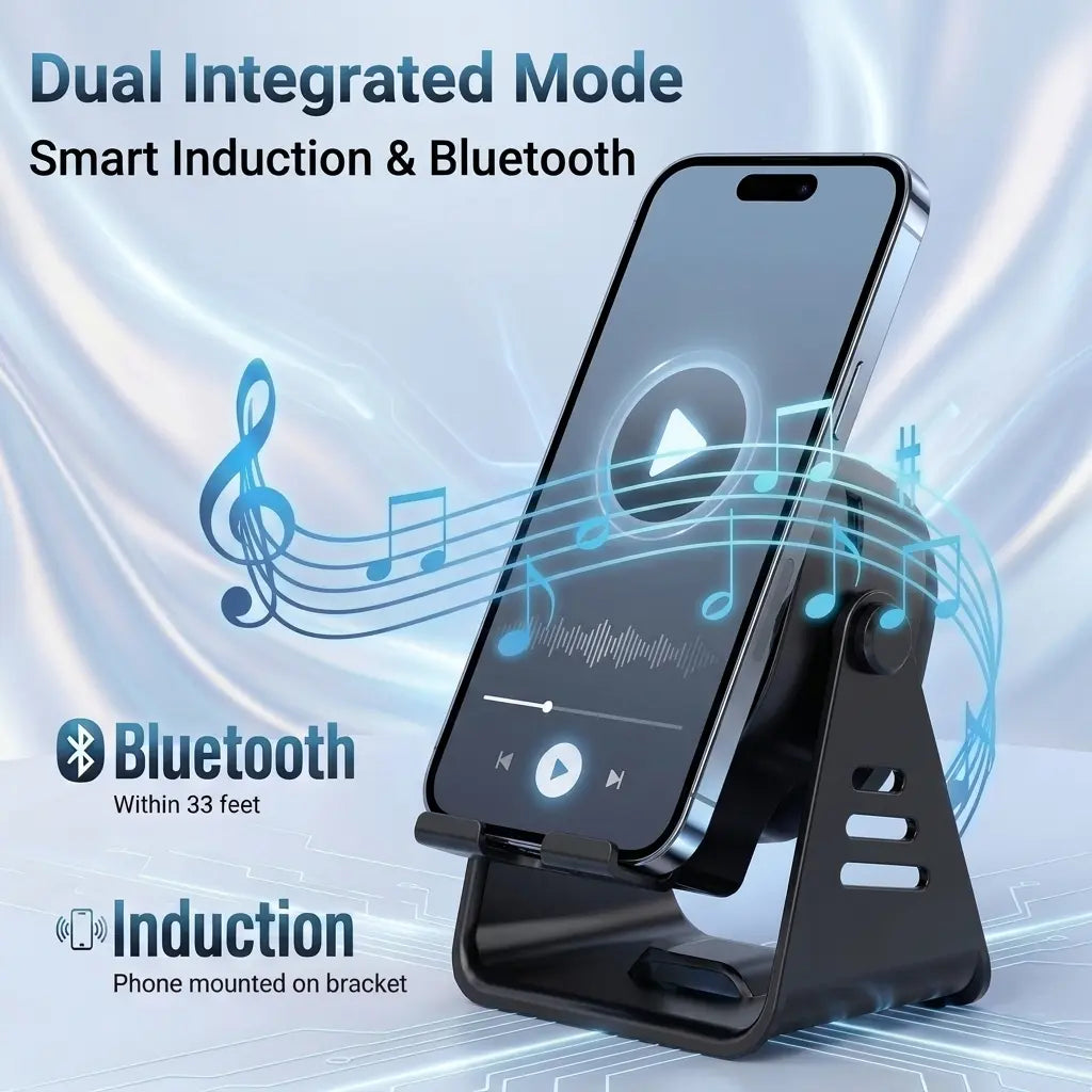 Ceesooi Wireless Induction Audio Speaker Stand, Bluetooth Speaker 5 in 1 Cellphone Holder, 500Mah Rechargeable Emergency Power Bank,360° Adjustable Mobile Tablet Stand with Colorful Ambient Light Gifts for Men Women Mothersdaygift Bluetooth
