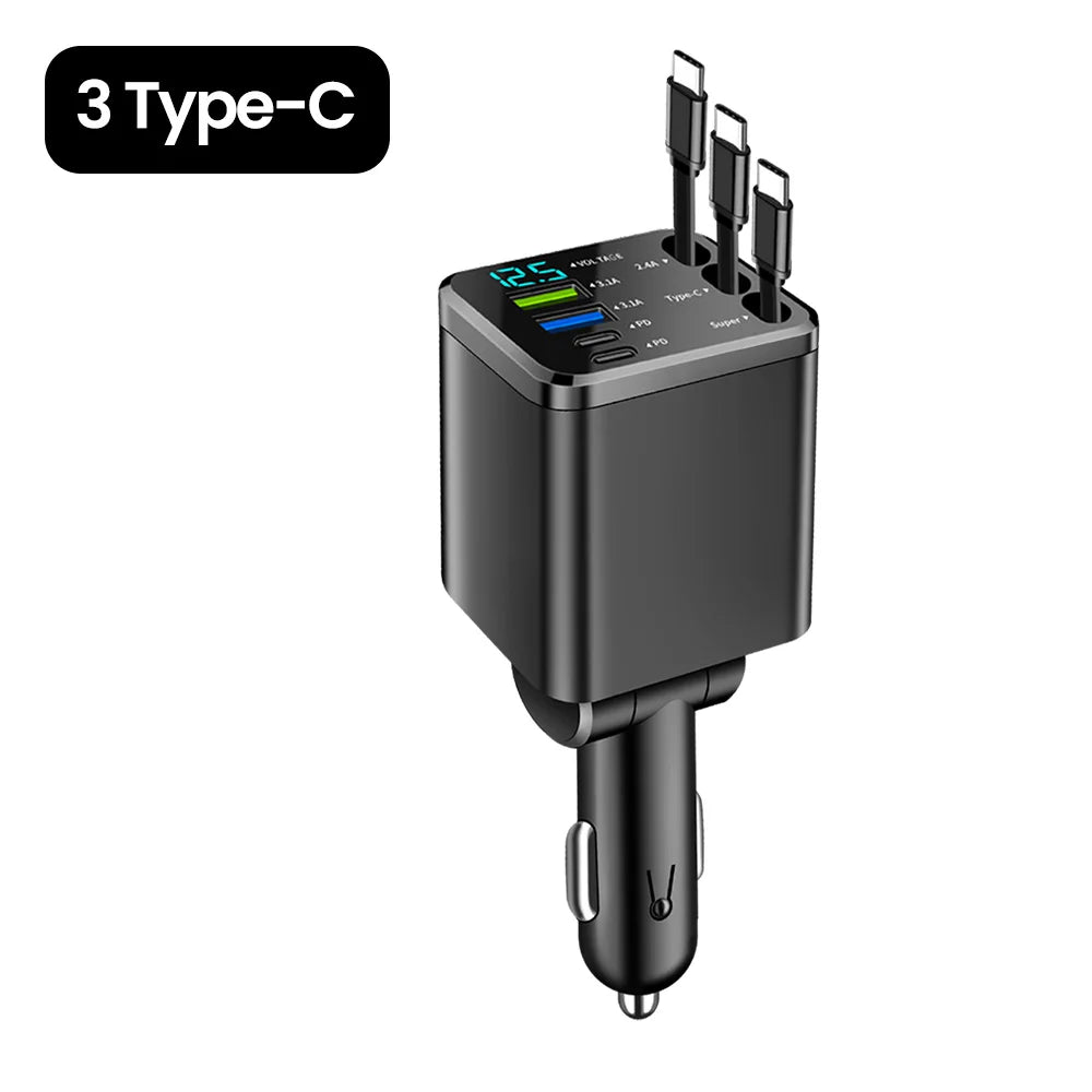 7 in 1 Car Charger Retractable 3 Type C Ports USB Car Charger Fast Charging for Iphone 12 15 16 Samsung USB C to Ios Cable