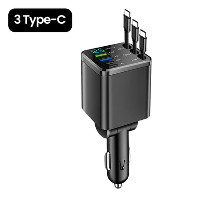 7 in 1 Car Charger Retractable 3 Type C Ports USB Car Charger Fast Charging for Iphone 12 15 16 Samsung USB C to Ios Cable