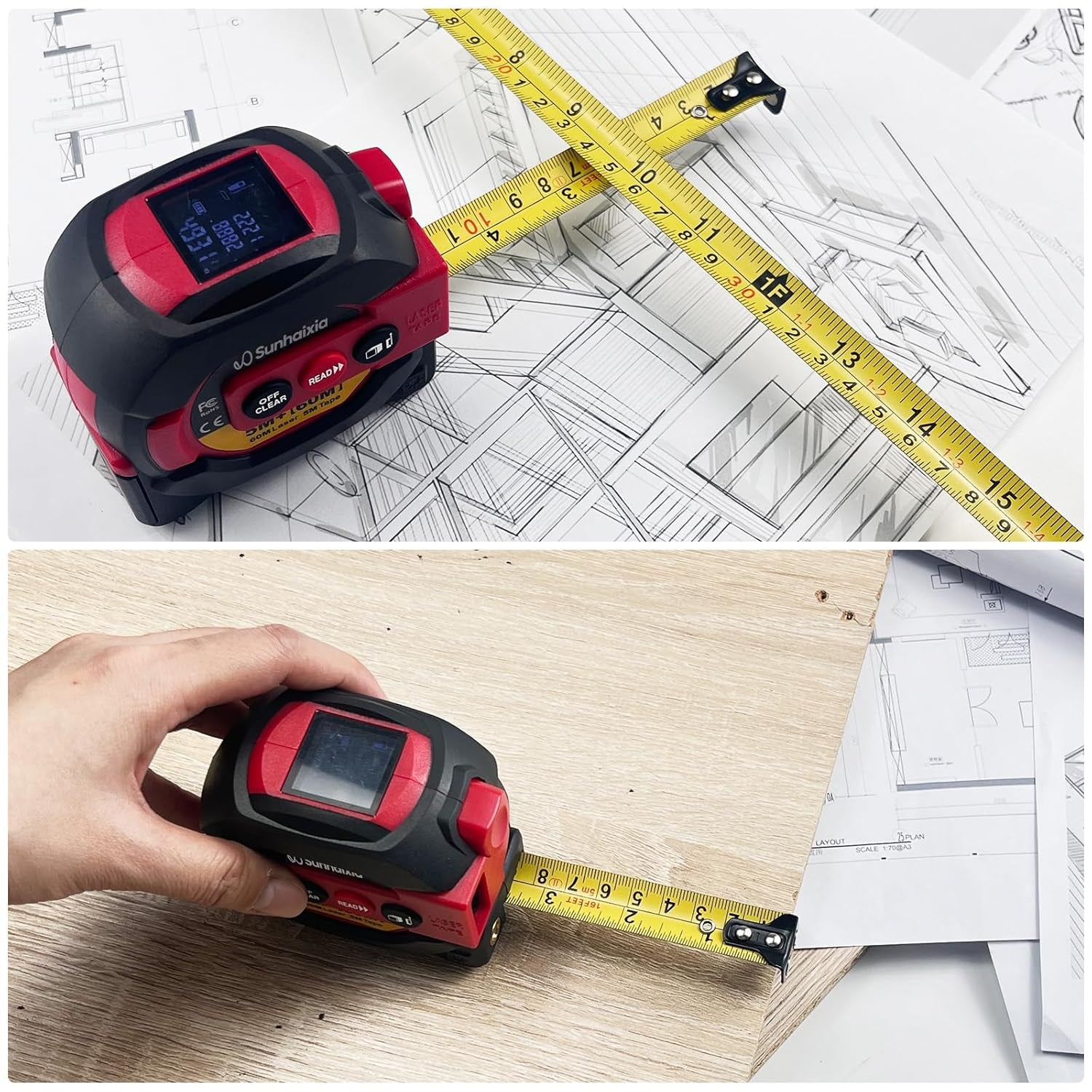 Laser Tape Measure 3 in 1 with Laser Level Crosshairs |196Ft/60M Laser Distance+16Ft/5M Autolock Tape |Backlit LCD Display (Ft/Inch/M/Mm) |For Diy,Construction, Interior Design (Red)