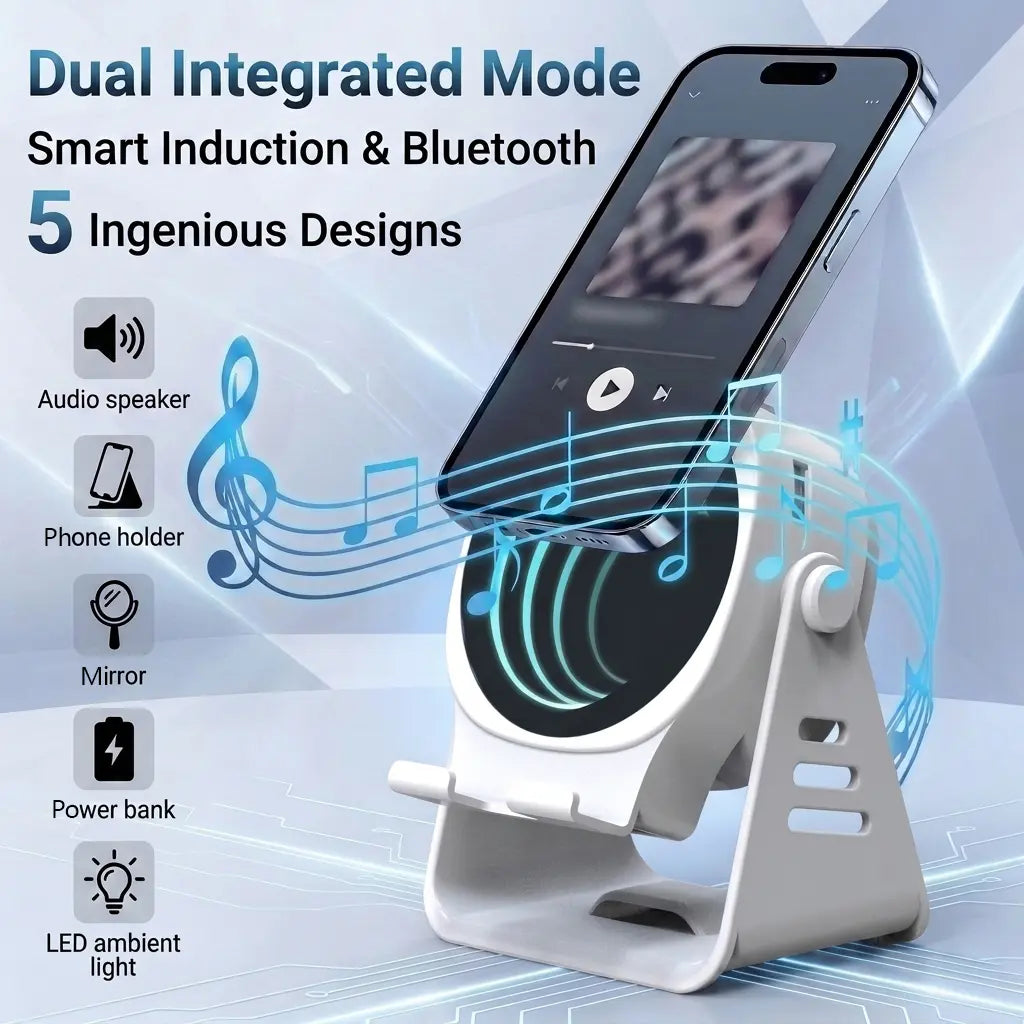 Ceesooi Wireless Induction Audio Speaker Stand, Bluetooth Speaker 5 in 1 Cellphone Holder, 500Mah Rechargeable Emergency Power Bank,360° Adjustable Mobile Tablet Stand with Colorful Ambient Light Gifts for Men Women Mothersdaygift Bluetooth