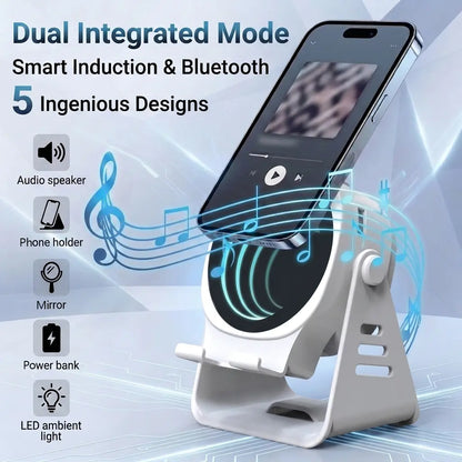 Ceesooi Wireless Induction Audio Speaker Stand, Bluetooth Speaker 5 in 1 Cellphone Holder, 500Mah Rechargeable Emergency Power Bank,360° Adjustable Mobile Tablet Stand with Colorful Ambient Light Gifts for Men Women Mothersdaygift Bluetooth