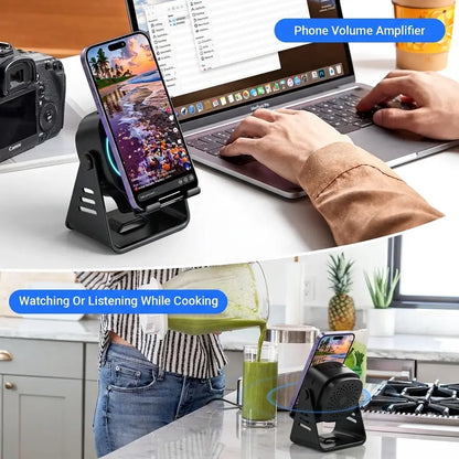 Ceesooi Wireless Induction Audio Speaker Stand, Bluetooth Speaker 5 in 1 Cellphone Holder, 500Mah Rechargeable Emergency Power Bank,360° Adjustable Mobile Tablet Stand with Colorful Ambient Light Gifts for Men Women Mothersdaygift Bluetooth