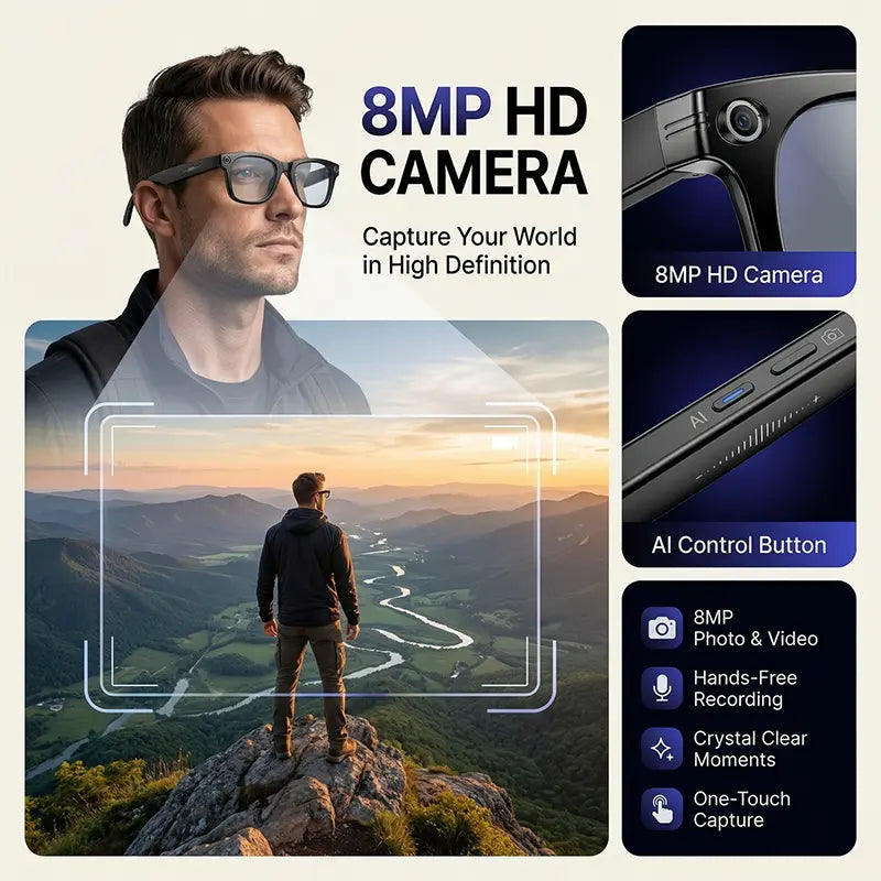 ULMIED Smart Camera Glasses with 8MP HD Video Recording, Bluetooth Audio, Includes Photochromic Lens for Outdoor Activities and Daily Use, Father'S Day Gift for Dad