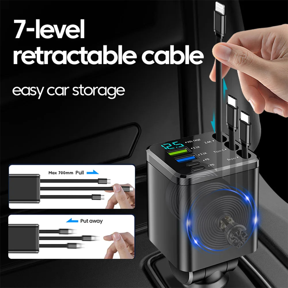 7 in 1 Car Charger Retractable 3 Type C Ports USB Car Charger Fast Charging for Iphone 12 15 16 Samsung USB C to Ios Cable