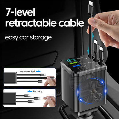 7 in 1 Car Charger Retractable 3 Type C Ports USB Car Charger Fast Charging for Iphone 12 15 16 Samsung USB C to Ios Cable
