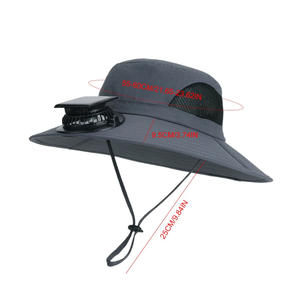 Wide Brim Solar Fan Hat Sun Bucket Hat with Removable & USB Charging Fan Outdoor Sun Hat for Outdoor Summer Camping Beach