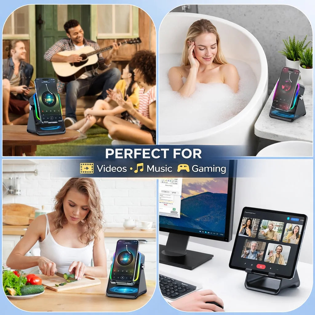 Magnetic Induction Speaker Phone Stand Wireless Bluetooth Phone Holder Amplifier Portable RGB Light 5000Mah Can Charge Cellphone
