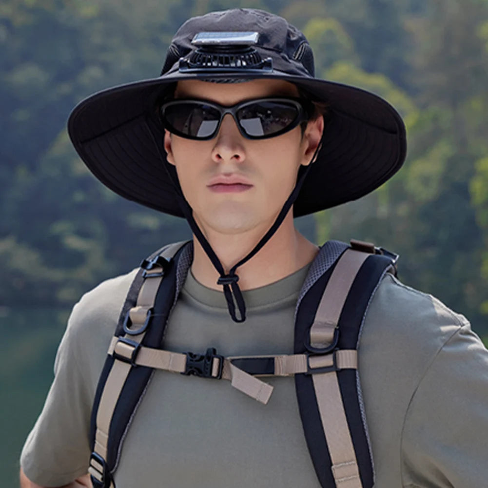 Wide Brim Solar Fan Hat Sun Bucket Hat with Removable & USB Charging Fan Outdoor Sun Hat for Outdoor Summer Camping Beach