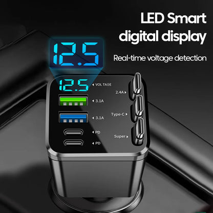 7 in 1 Car Charger Retractable 3 Type C Ports USB Car Charger Fast Charging for Iphone 12 15 16 Samsung USB C to Ios Cable