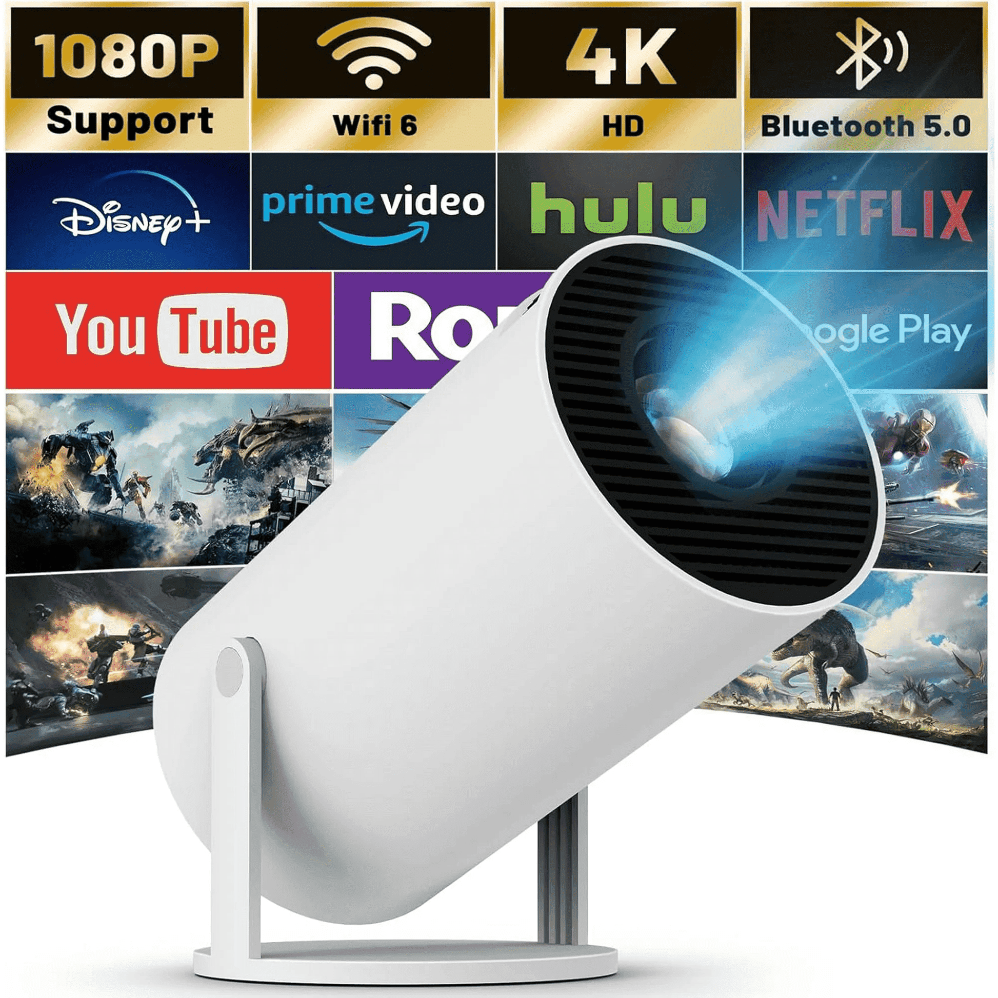 Projector 4K 1080P Support with Bluetooth and Wifi 6, Auto Correction/Focus, Mini Projector Smart for Movie Projection