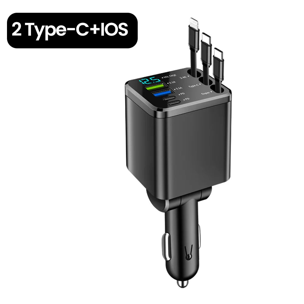 7 in 1 Car Charger Retractable 3 Type C Ports USB Car Charger Fast Charging for Iphone 12 15 16 Samsung USB C to Ios Cable