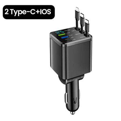 7 in 1 Car Charger Retractable 3 Type C Ports USB Car Charger Fast Charging for Iphone 12 15 16 Samsung USB C to Ios Cable