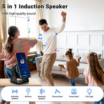 Ceesooi Wireless Induction Audio Speaker Stand, Bluetooth Speaker 5 in 1 Cellphone Holder, 500Mah Rechargeable Emergency Power Bank,360° Adjustable Mobile Tablet Stand with Colorful Ambient Light Gifts for Men Women Mothersdaygift Bluetooth