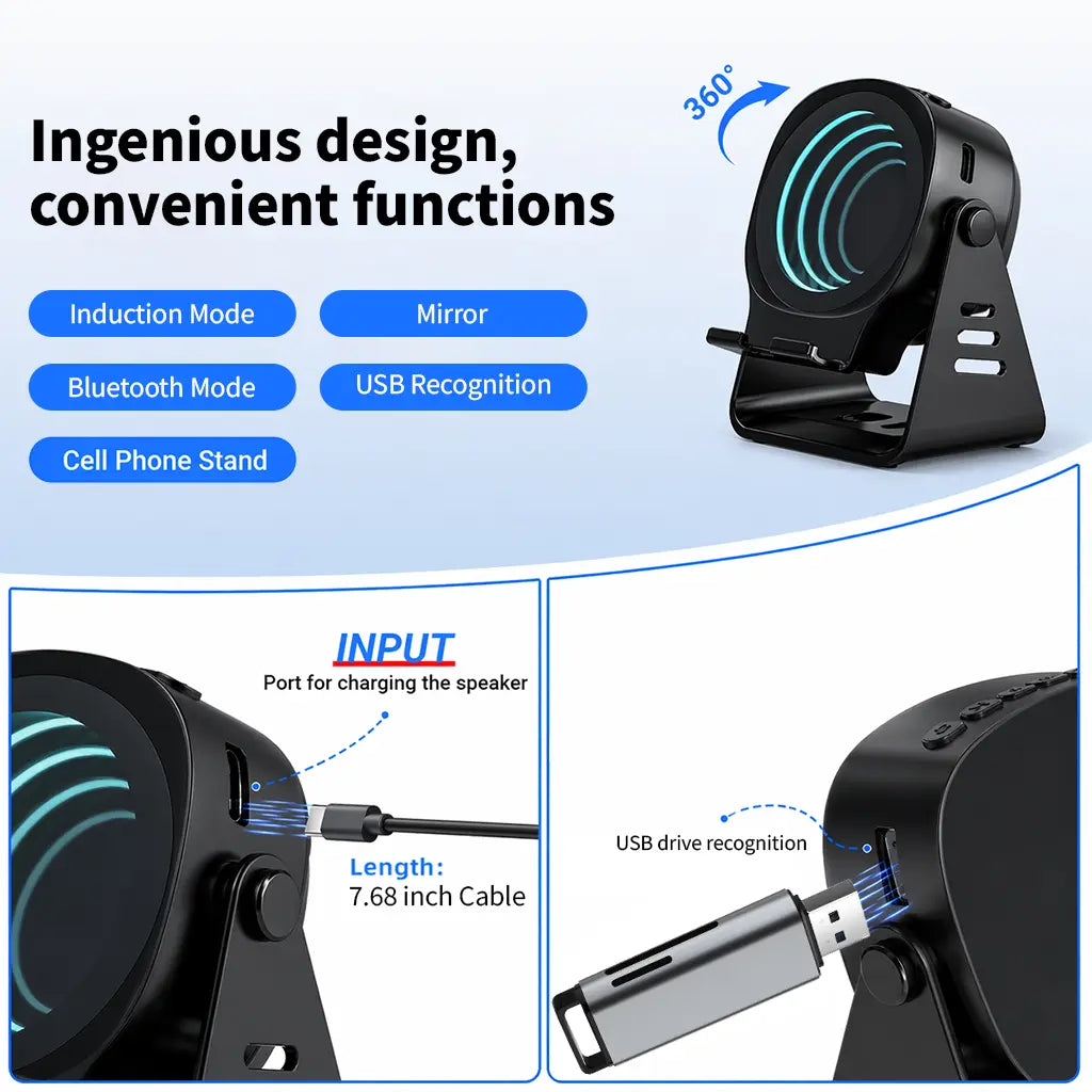 Ceesooi Wireless Induction Audio Speaker Stand, Bluetooth Speaker 5 in 1 Cellphone Holder, 500Mah Rechargeable Emergency Power Bank,360° Adjustable Mobile Tablet Stand with Colorful Ambient Light Gifts for Men Women Mothersdaygift Bluetooth