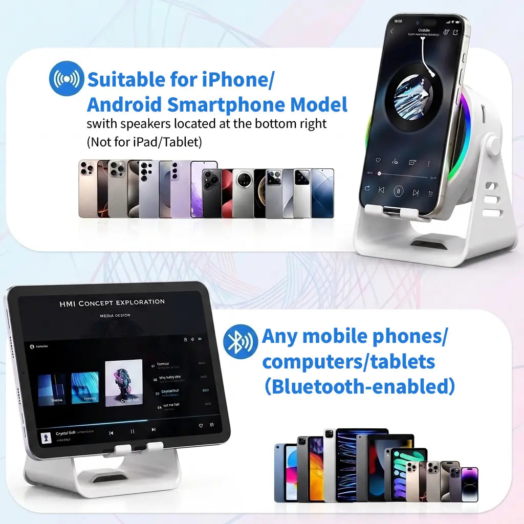 Ceesooi Wireless Induction Audio Speaker Stand, Bluetooth Speaker 5 in 1 Cellphone Holder, 500Mah Rechargeable Emergency Power Bank,360° Adjustable Mobile Tablet Stand with Colorful Ambient Light Gifts for Men Women Mothersdaygift Bluetooth