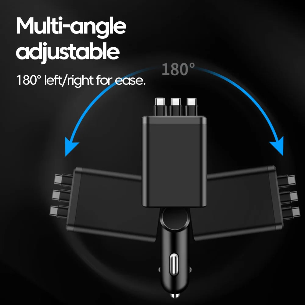 7 in 1 Car Charger Retractable 3 Type C Ports USB Car Charger Fast Charging for Iphone 12 15 16 Samsung USB C to Ios Cable